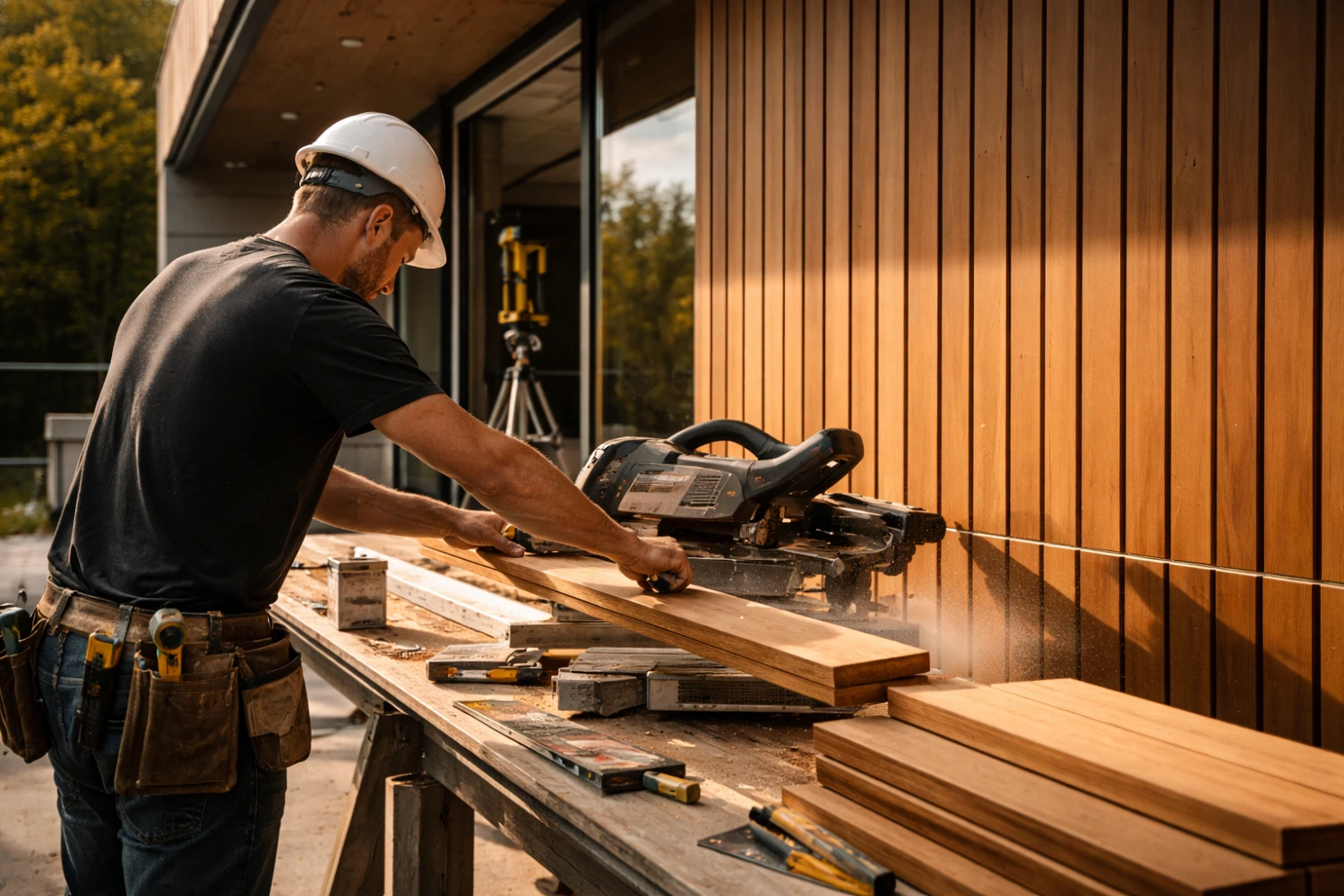 a man sawing timber cladding on site