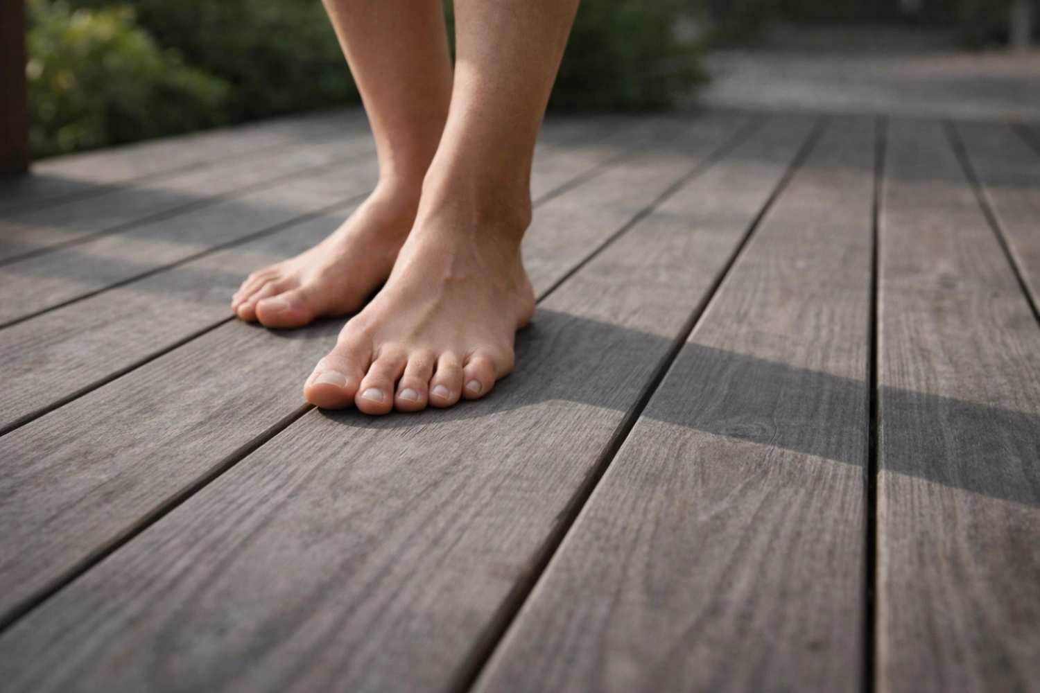 bare feet standing on avara timber decking