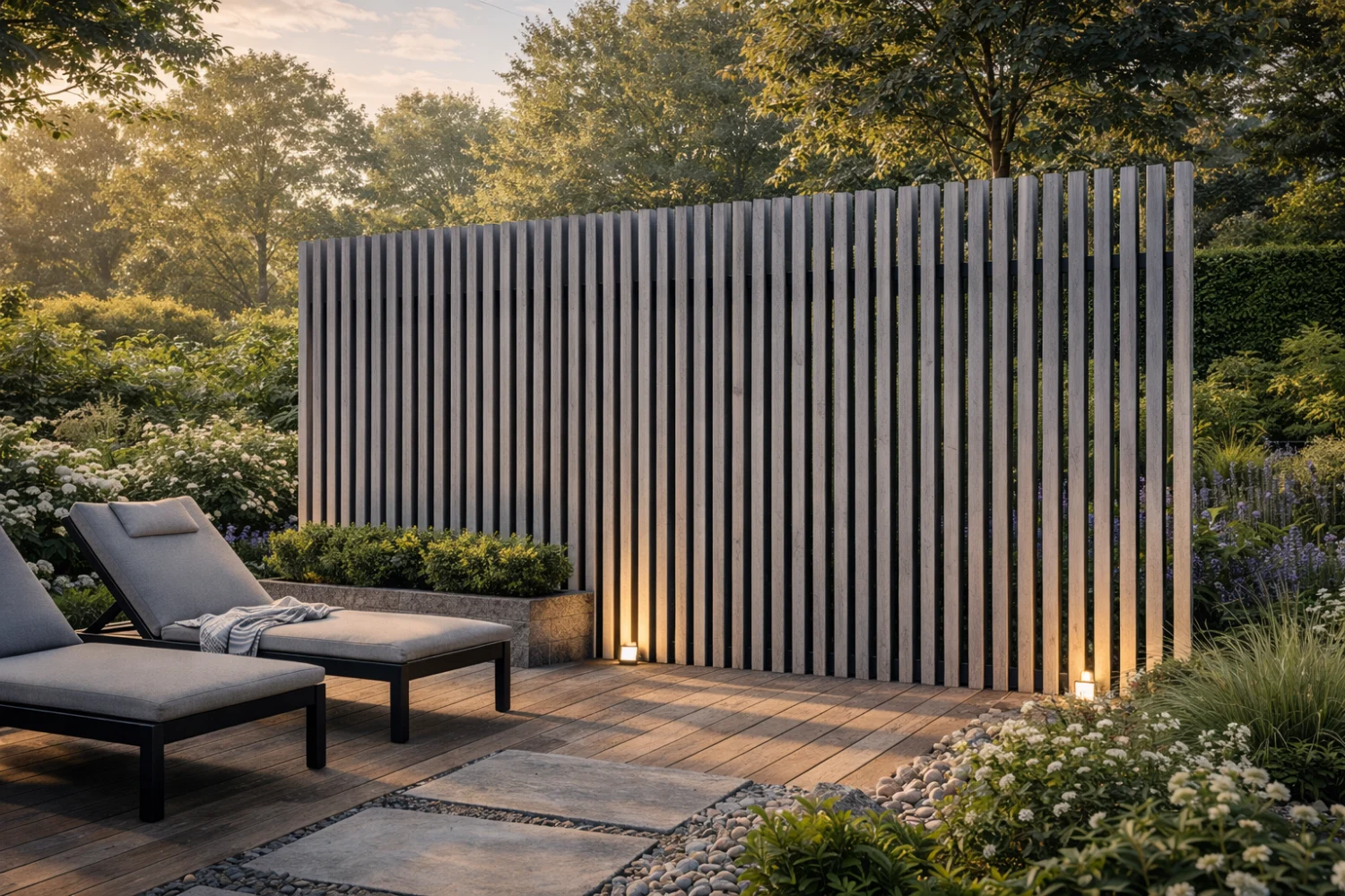 some grey coloured timber scrrning in a garden with avara wood