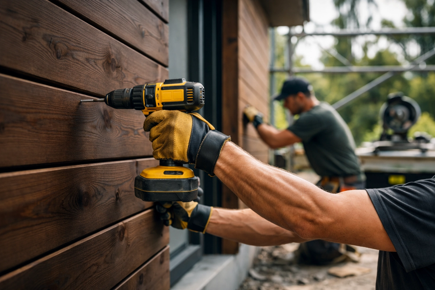 a close up of a guy fitting timber cladding